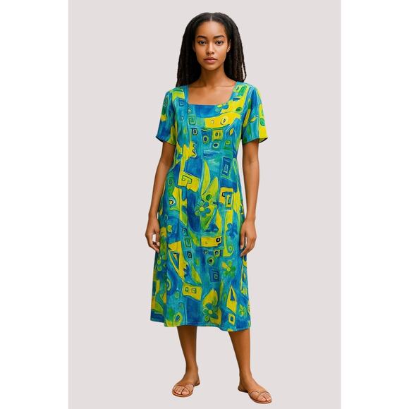 80s WNY Blue Yellow Colorful Short Sleeve Batik Print Dress Size 4/6 Small Rayon - Picture 2 of 7